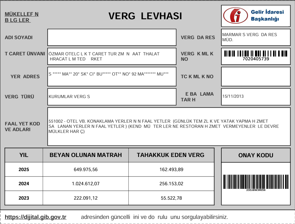 Özmar Otelcilik - Vergi Levhası